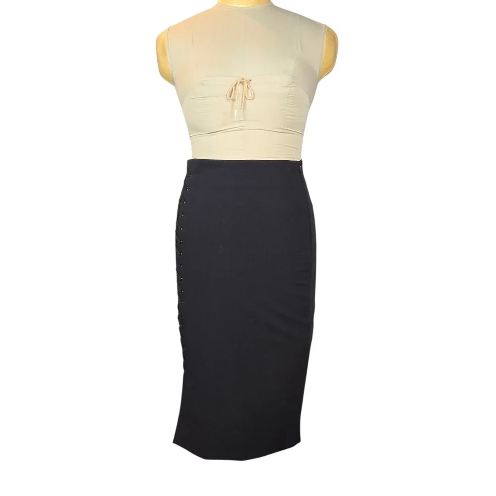 Worthington Black Pencil Skirt Lace Up Side Slit Midi‎ Size 8 Business Casual